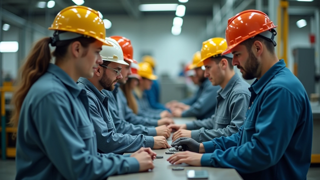 Pracovníci z různých zemí spolupracují v moderní továrně s technologií