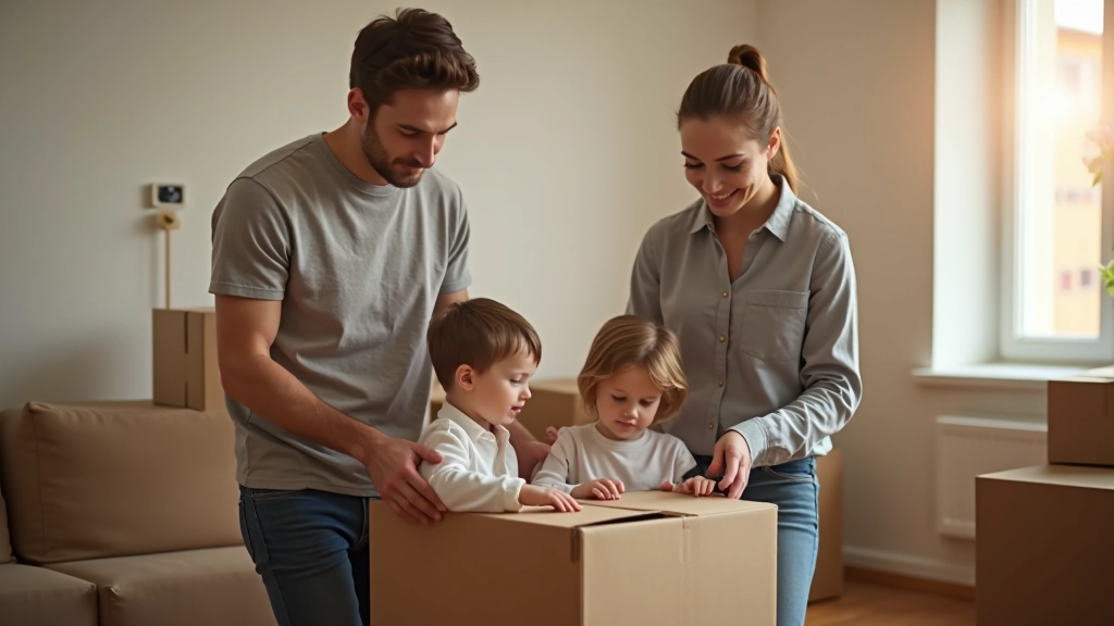 Rodina migrantů v novém bytě si zařizuje domácnost v novém prostředí